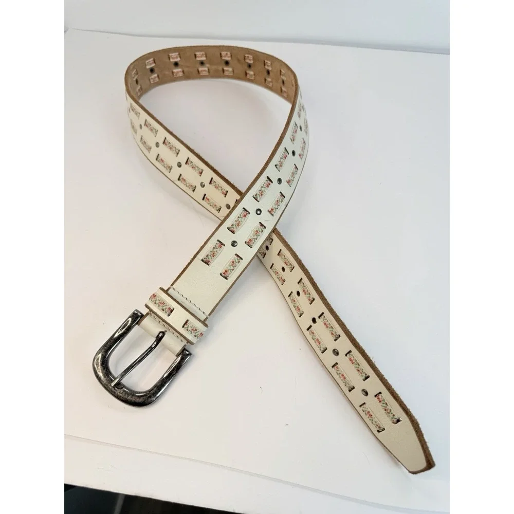 White Leather Belt Colorful Ribbon Accents Vintage Boho Style 31-34